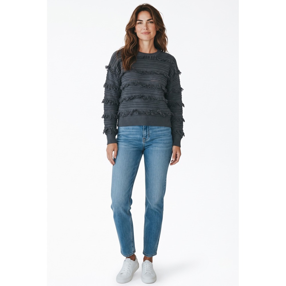 Michael Michael Kors Gray Fringe Pointelle Knit Crewneck Sweater Small